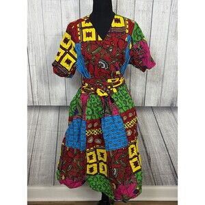 Mae Ottie Women's XL Multicolor Bright Bold African Fit & Flare Wrap Midi Dress
